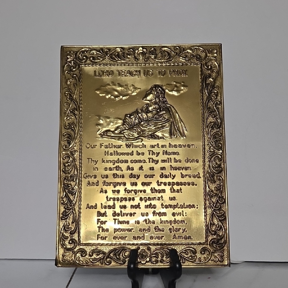 vintage Peerage embossed brass wall plaque featuring the Lord's Prayer